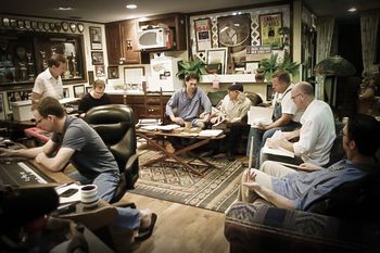 Here's Peter with Buddy Miller, mulling the intricacies of Tom T. Hall's "Sneaky Snake." From left to right, Richard McLaurin, Lloyd Green, Baker Maultsby, Peter, Buddy, Mike Bub, Eric Brace and Mark Horn.